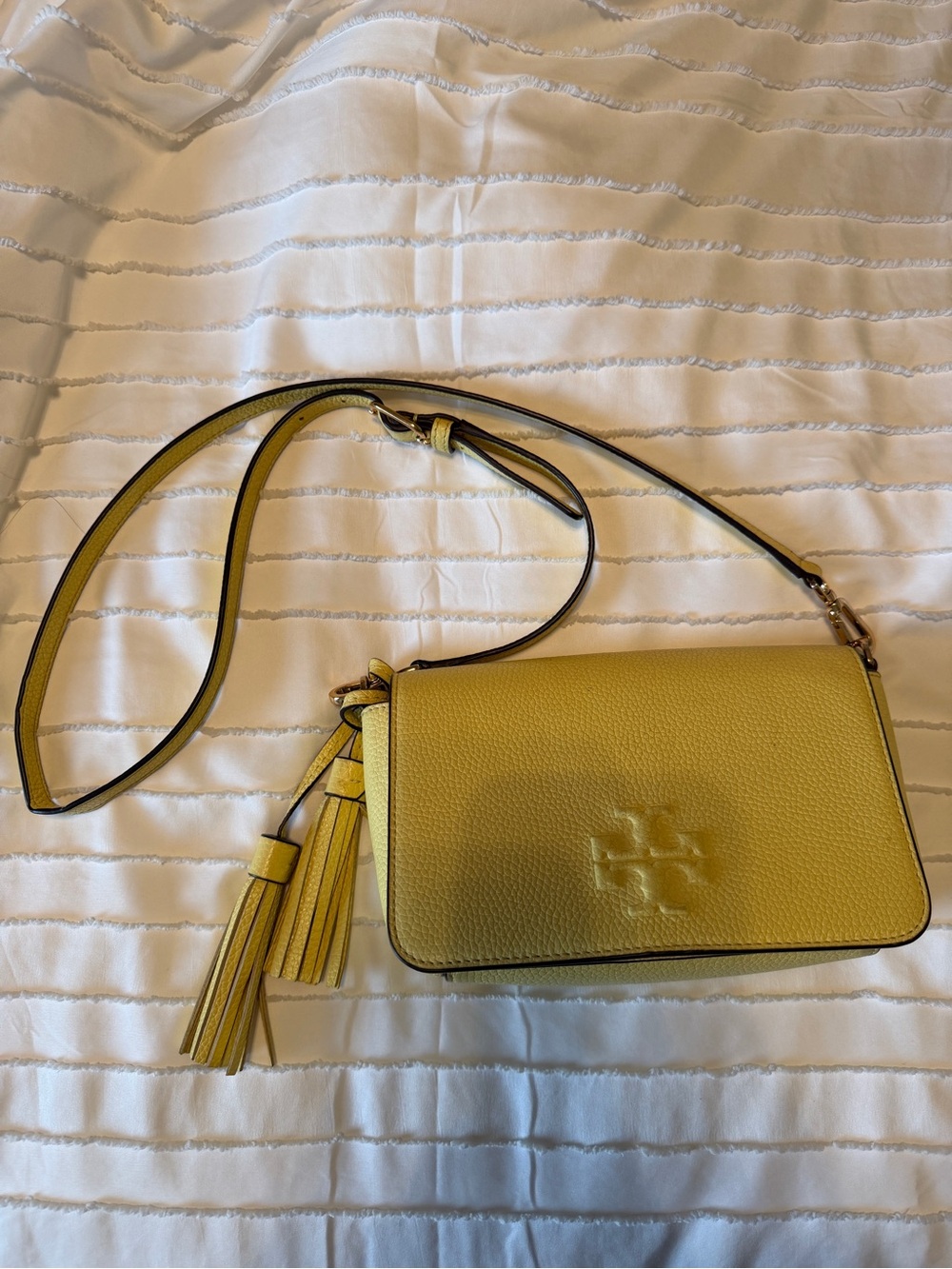 Tory Burch Mustard Yellow Pebbled Leather Crossbody with Tassel
